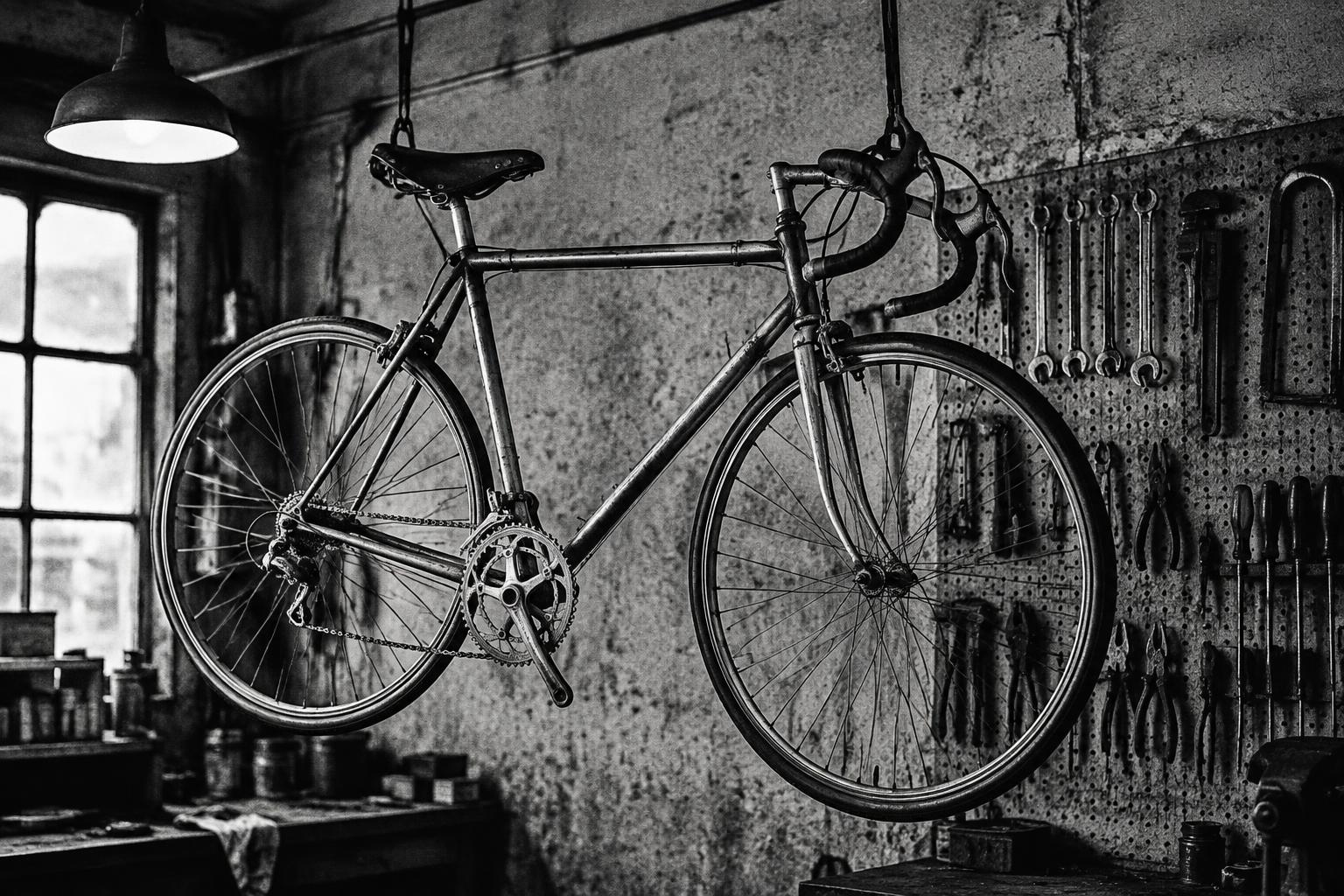 Vintāžas šosejas velosipēds darbnīcā